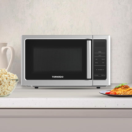 Tornado 25 Liters Digital Microwave Oven Solo with 10 Power Levels, 850W, Touch Control panel, Child-Safety-Lock, Defrost Function, 8 Auto cooking function, Silver, TWDS-25-S-E