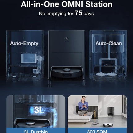 مكنسة كهربائية روبوتية Ecovacs X1 Omni (تنظيف تلقائي + تفريغ تلقائي) كنس ومسح عميق، قوة شفط 5000 باسكال، تقنية 3D EVIE وOsmo Turbo 2.0، OK، تحكم صوتي Yeeko (ضمان لمدة عام)