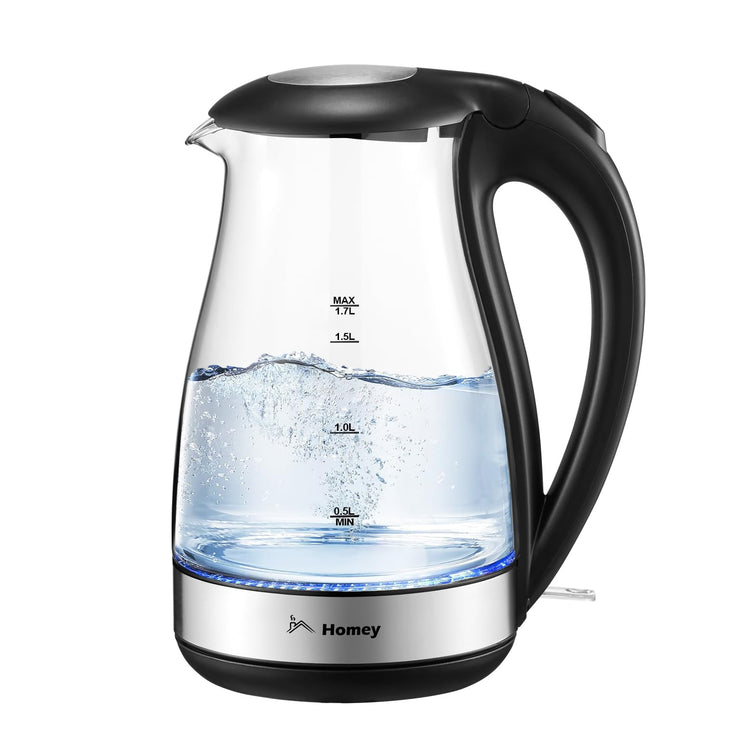 Homey Electric Glass Kettle 1.7L Capacity 1850-2200W Fast Boiling, Boil Dry Protection, Auto shut-off, LED Indicator, 1 year manufacturer warranty