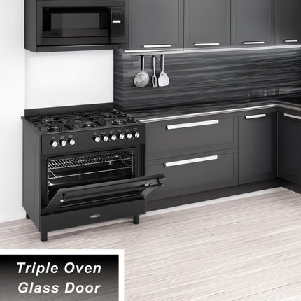 General Gold 6 Burner Gas Cooking Range 90x60 cm, Freestanding Cooker Italian Parts, Gas Oven Grill with Triple Glass Door, Dual Wok Burners, Cast Iron Pan Support, Rotisserie, Heavy Duty Stove