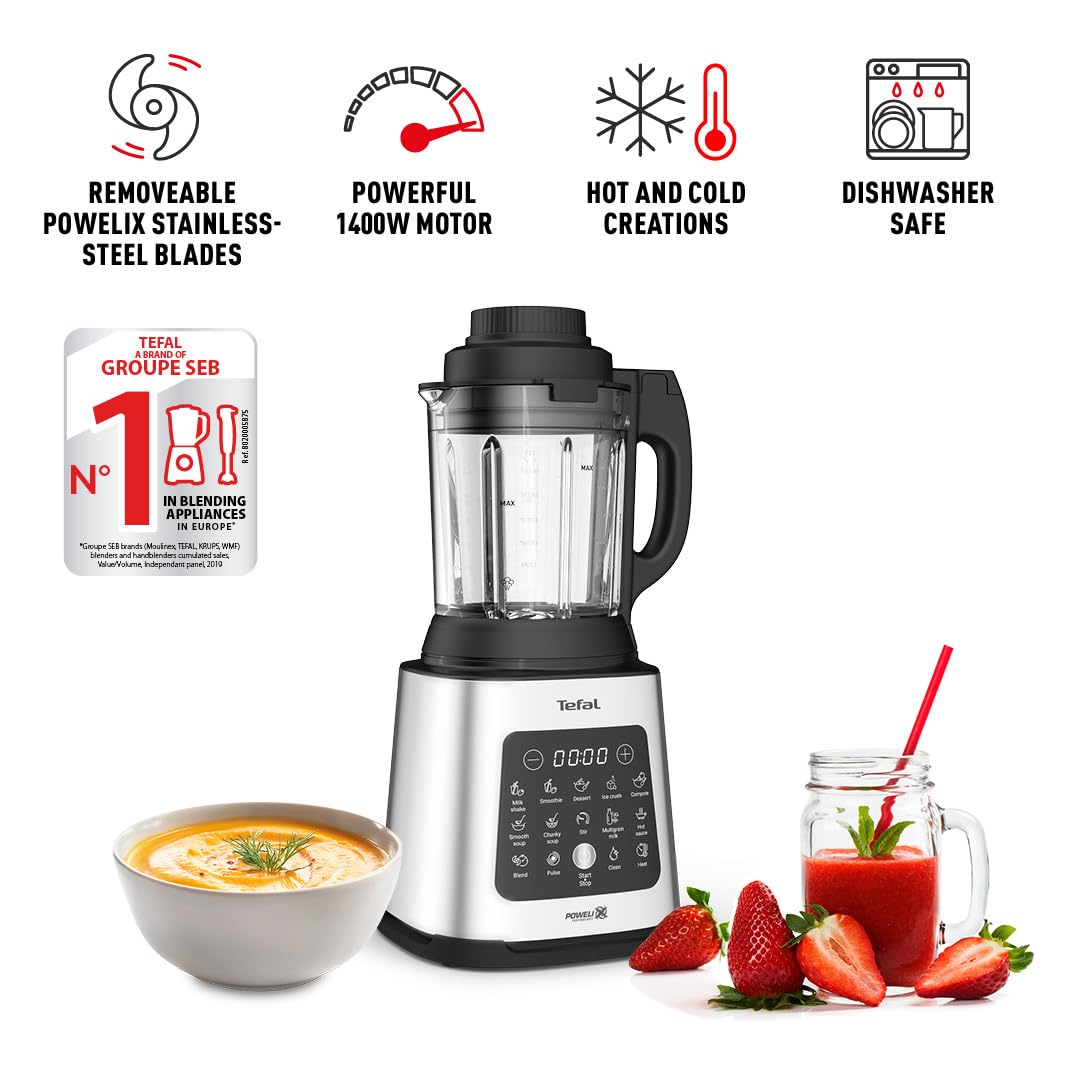 Tefal Blender & Soup Maker Perfectmix Cook, 2L, 10 Auto Programs, Smoothie Maker, Removable Blades, Cleaning Program & Brush, Glass Jug, Tamper, Hot & Cold Kitchen Blender, Cooking, BL83SD65