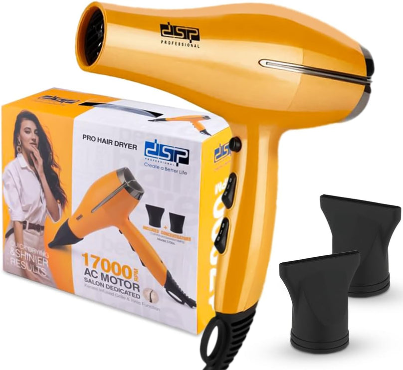 مجفف شعر DSP، 1400 – 1600 واط، فلتر قابل للإزالة، مقبض تبريد للحماية واللمعان، 3 مستويات سرعة، محرك تيار مستمر (37006)