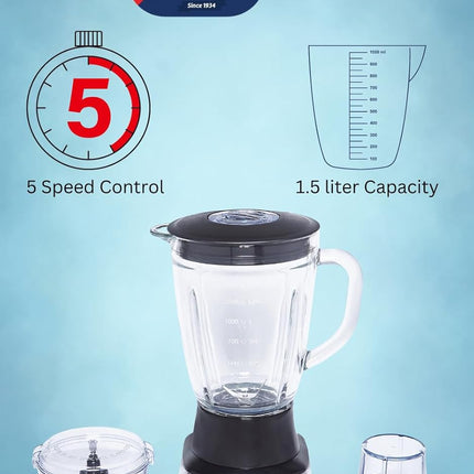 Admiral 1.5 Litre Blender with Grinder and Chopper, 600W Power, 2 Grinding Mills, Stainless Steel Blades, 5 Speed with Pulse Control, Anti-Slip Feet, ADBL1560, 1 Year Warranty.