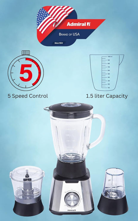 Admiral 1.5 Litre Blender with Grinder and Chopper, 600W Power, 2 Grinding Mills, Stainless Steel Blades, 5 Speed with Pulse Control, Anti-Slip Feet, ADBL1560, 1 Year Warranty.
