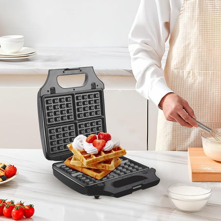 dsp waffle maker machine 3 in 1, 1400W, 25.4x21.5 cm Plate, Removable Plates, Non-Stick Coated Aluminum, Power Indicator Light, Overheat Protection & Safety Lock, KC1236