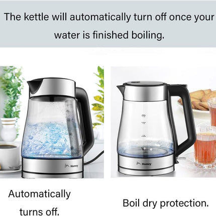 Homey Electric Glass Kettle 1.7L Capacity 1850-2200W Fast Boiling, Boil Dry Protection, Auto shut-off, LED Indicator, 1 year manufacturer warranty