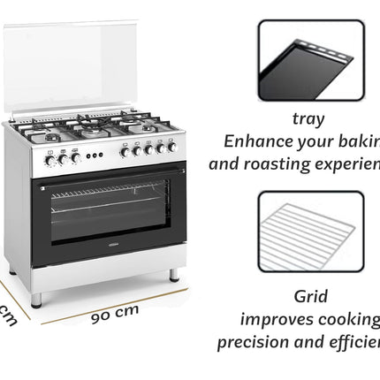 General Gold 90x60 cm Freestanding Gas Cooker with 5 Burners, Gas Oven and Grill with Cooling Fan, Triple Glass Door, Push Button Ignition, Full FFD, Sabaf Burners (With Turbofan)