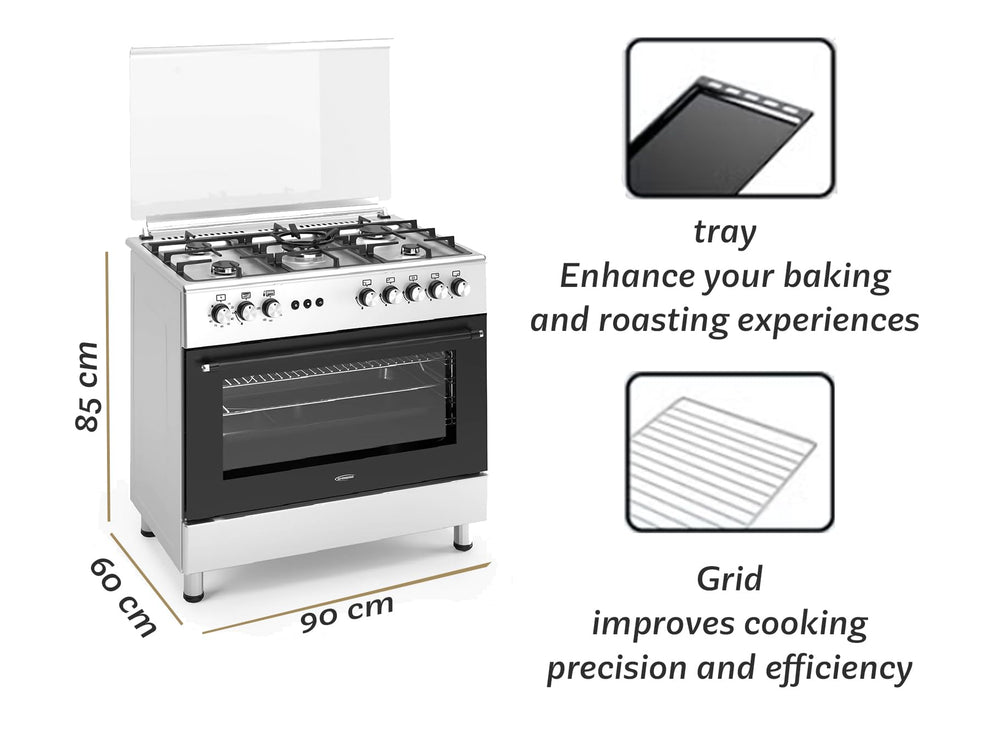 General Gold 90x60 cm Freestanding Gas Cooker with 5 Burners, Gas Oven and Grill with Cooling Fan, Triple Glass Door, Push Button Ignition, Full FFD, Sabaf Burners (With Turbofan)