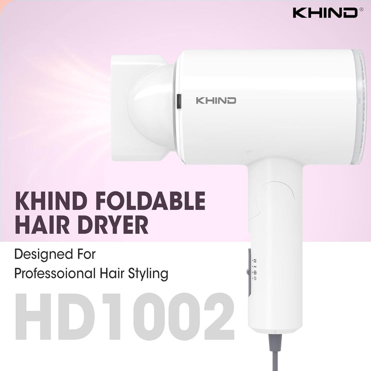 KHIND Compact Hair Dryer 1000W with 2 Heat & 1 Cool Shot Settings, Foldable Handle, Narrow Nozzle, Lightweight & Powerful, Easy to Use, 1.8m Cord for Easy Maneuvering, White – HD1002, 1 Year Warranty