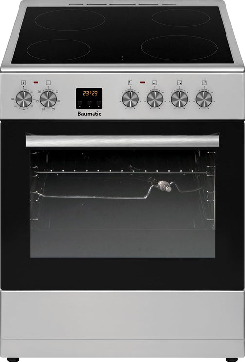 Baumatic  60cm Freestanding Electric Range Cooker, 4 Ceramic Cooking Zones with 65L Electric Multifunction Fan Oven & Grill, LED, Triple Glazed Safety Cool Door, Rotisserie, 2 Year Warranty