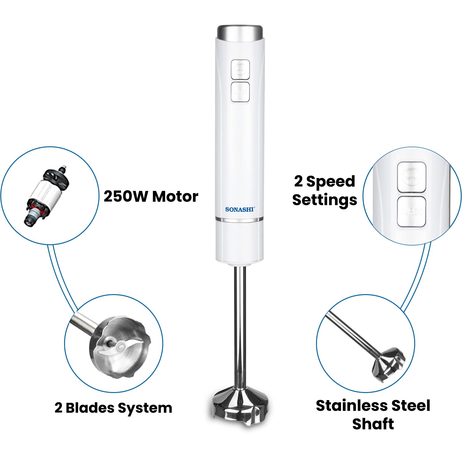 SONASHI SHB-185JCW 4-in-1 Hand Blender Chopper with Calibrated Beaker, Chopper, Whisker [White] Stainless Steel Shaft, 250W, 700ml Plastic Jar, 500ml Chopper, Speed Control, Blending Wand