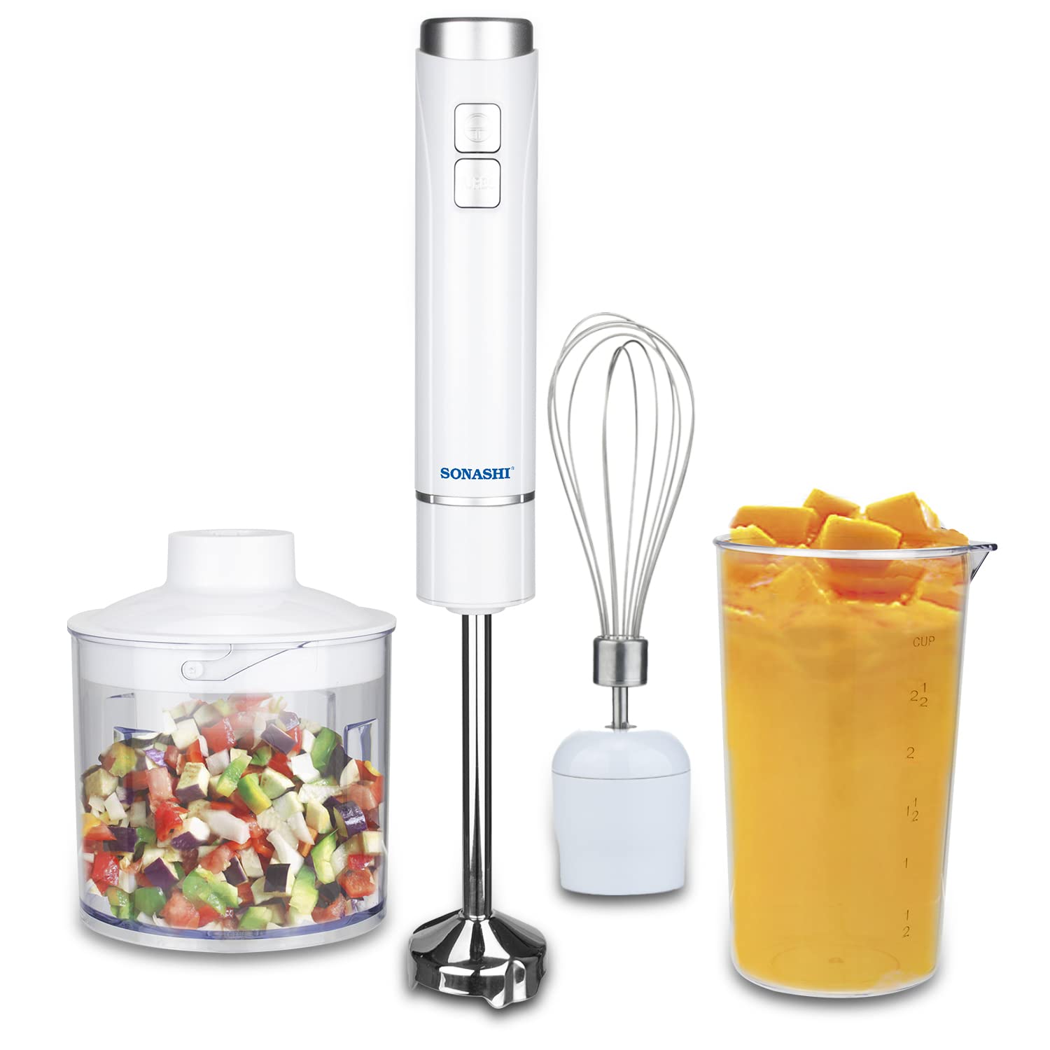 SONASHI SHB-185JCW 4-in-1 Hand Blender Chopper with Calibrated Beaker, Chopper, Whisker [White] Stainless Steel Shaft, 250W, 700ml Plastic Jar, 500ml Chopper, Speed Control, Blending Wand