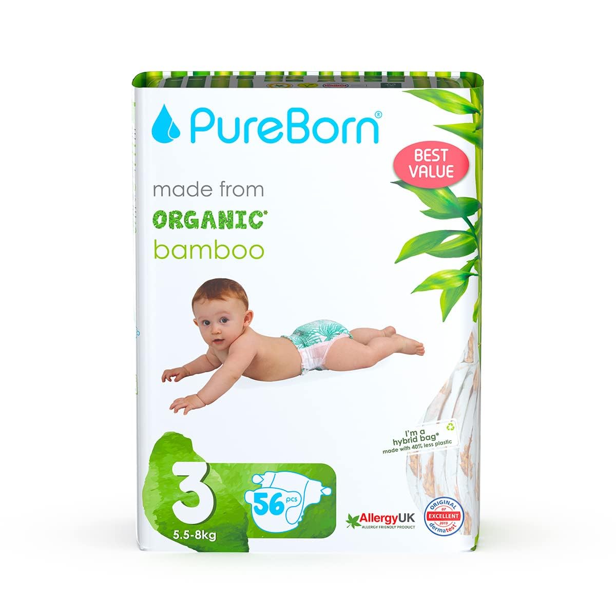 Pureborn Organic Natural Bamboo Baby Disposable Diapers-From 5.5 to 8 Kg - 56 pcs_Pineapple Print_Value Pack_Premium Super Soft_ Maximum Leakage protection_Eco friendly Nappies_New born Essentials