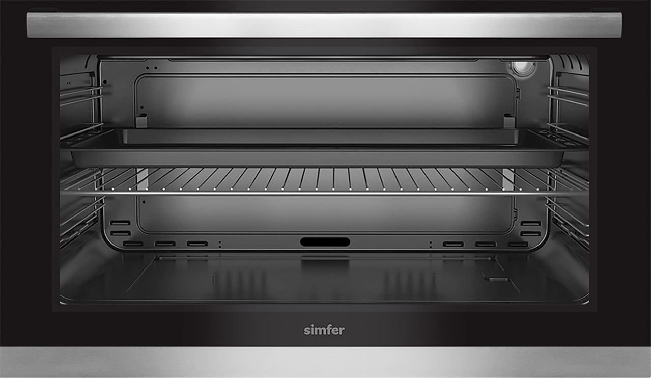 SIMFER SMF9065GCM SS 90x60 Gas Cooker, Gray Ceramic Oven, Cast Iron Pan Support, 4+1 Wok Burner, Removable Oven Glass, Telescopic Legs, Round Baking Tray