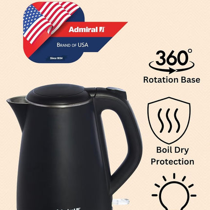Admiral Electric Kettle 1L, With Open Lid Opening Function, Double Layered, Boil Dry Protection, Black, 1 Year Warranty, ADKT170GSS3.