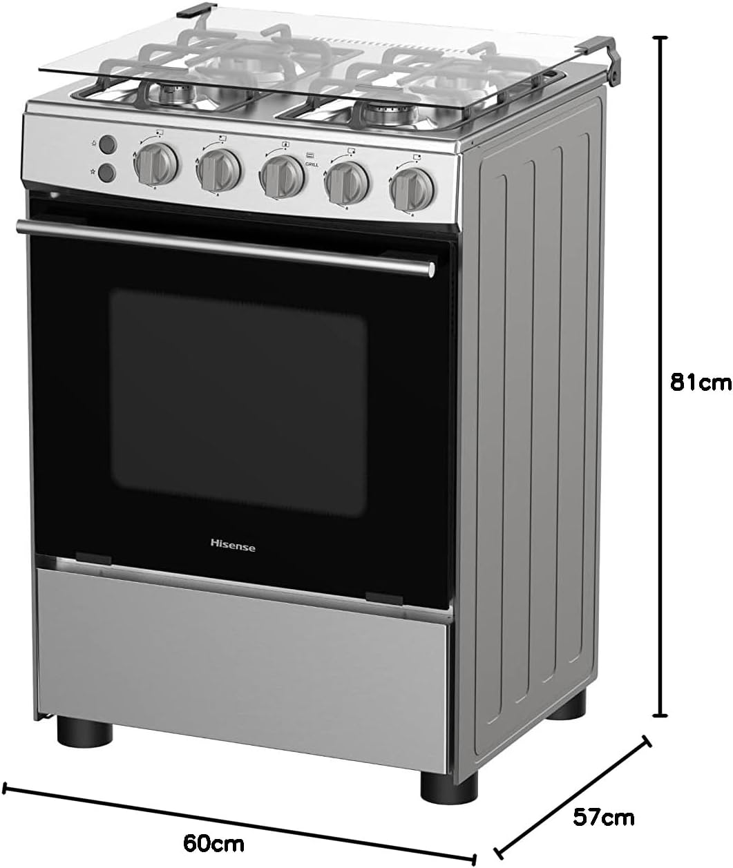 Hisense Freestanding 60 cm Gas cooker with 4 Burners with FFD Autoignition, Cast Iron Pan Support, Wok Burner, Glass Lid, Flame Failure, Oven cap, Gas Grill - ‎HFG60121X