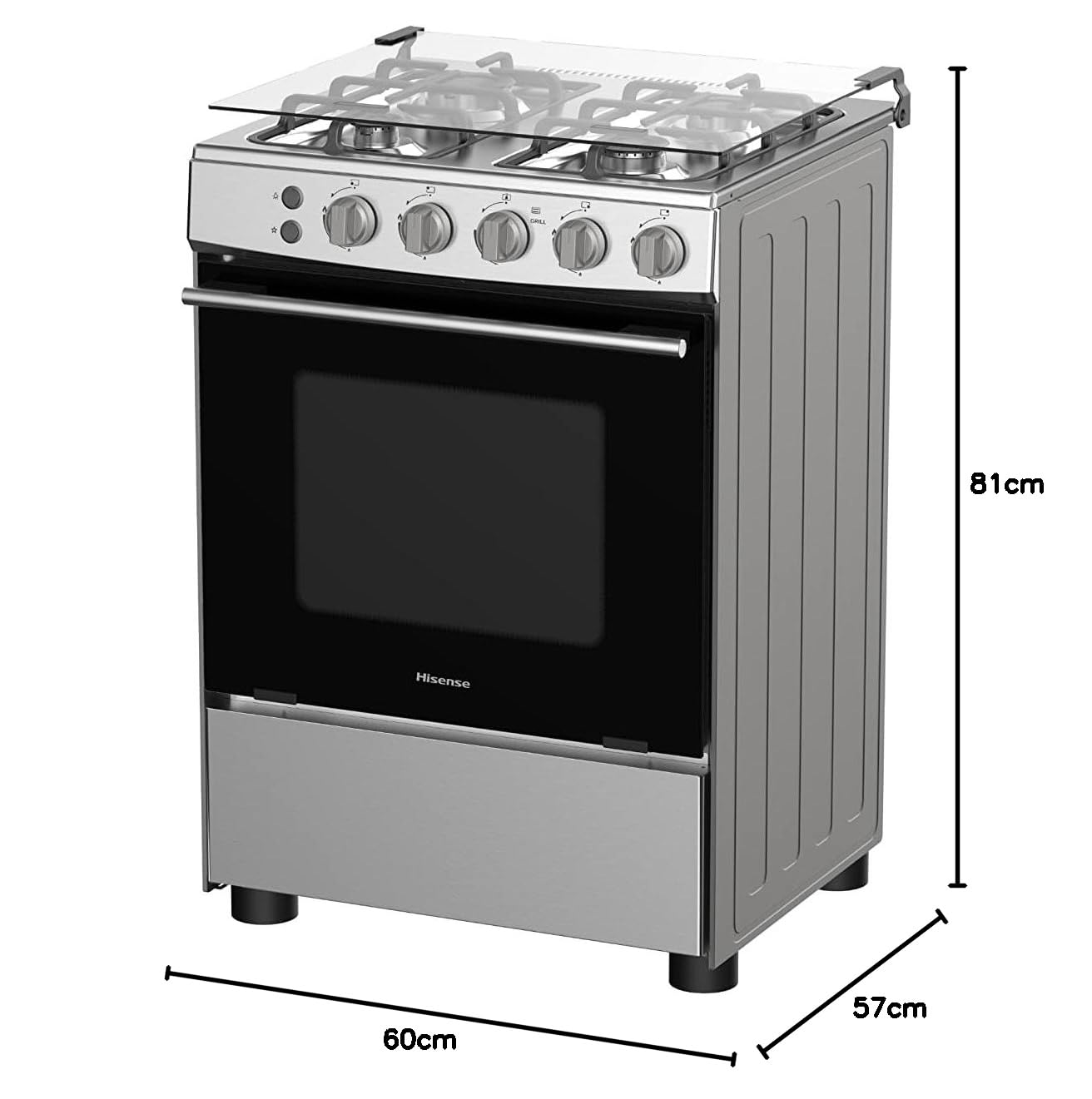 Hisense Freestanding 60 cm Gas cooker with 4 Burners with FFD Autoignition, Cast Iron Pan Support, Wok Burner, Glass Lid, Flame Failure, Oven cap, Gas Grill - ‎HFG60121X