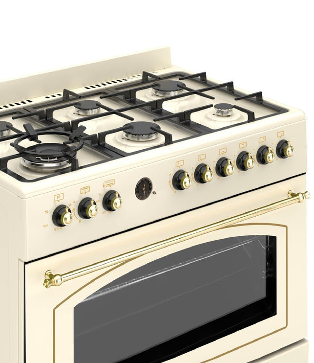 General Gold 90x60 cm Freestanding Gas Cooker 6 Burner, Dual Wok, Gas Oven Grill with Triple Glass Door, 90cm Heavy Duty Cooking Range Automatic Ignition, Full FFD Safety, Rotisserie, Cooling Fan