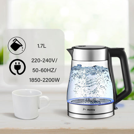 Homey Electric Glass Kettle 1.7L Capacity 1850-2200W Fast Boiling, Boil Dry Protection, Auto shut-off, LED Indicator, 1 year manufacturer warranty
