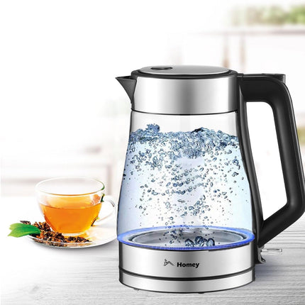 Homey Electric Glass Kettle 1.7L Capacity 1850-2200W Fast Boiling, Boil Dry Protection, Auto shut-off, LED Indicator, 1 year manufacturer warranty