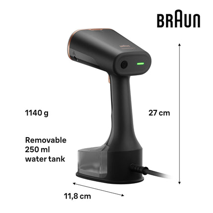 Braun QuickStyle 7, Garment Steamer with Dual Heated FreeGlide 3D Plate, Handheld Garment Steamer with FastHeating 35 Sec, Vertical Ironing, Capacity 250ml, Cord 3m, 1600 Watts - GS 7077 BK - Black
