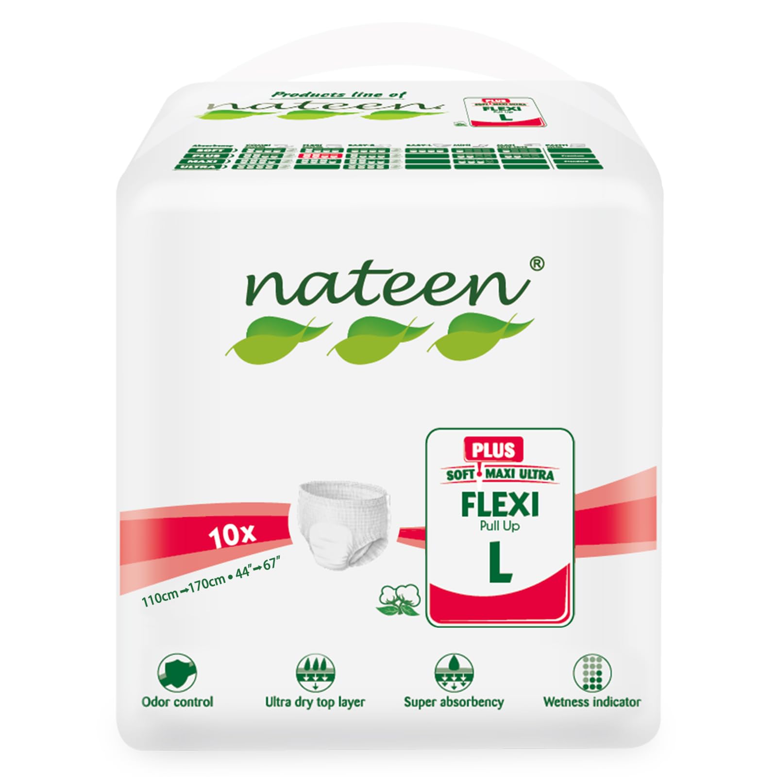 Nateen Flexi Plus Adult Diapers Pants,Incontinence Pull Up,Large,Waist Size 110-170cm,10 Count Adult Pull Ups,Superior Comfort,Excellent Combination o
