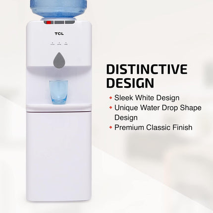 Tcl Water Dispenser, Top Loading, Hot, Cold & Normal Water Temperature, Best For Home, Kitchen, Office & Pantry, Compact Size, 3 Taps/Faucet, Child Safety Lock, White Colour, Ty-Lwyr19W