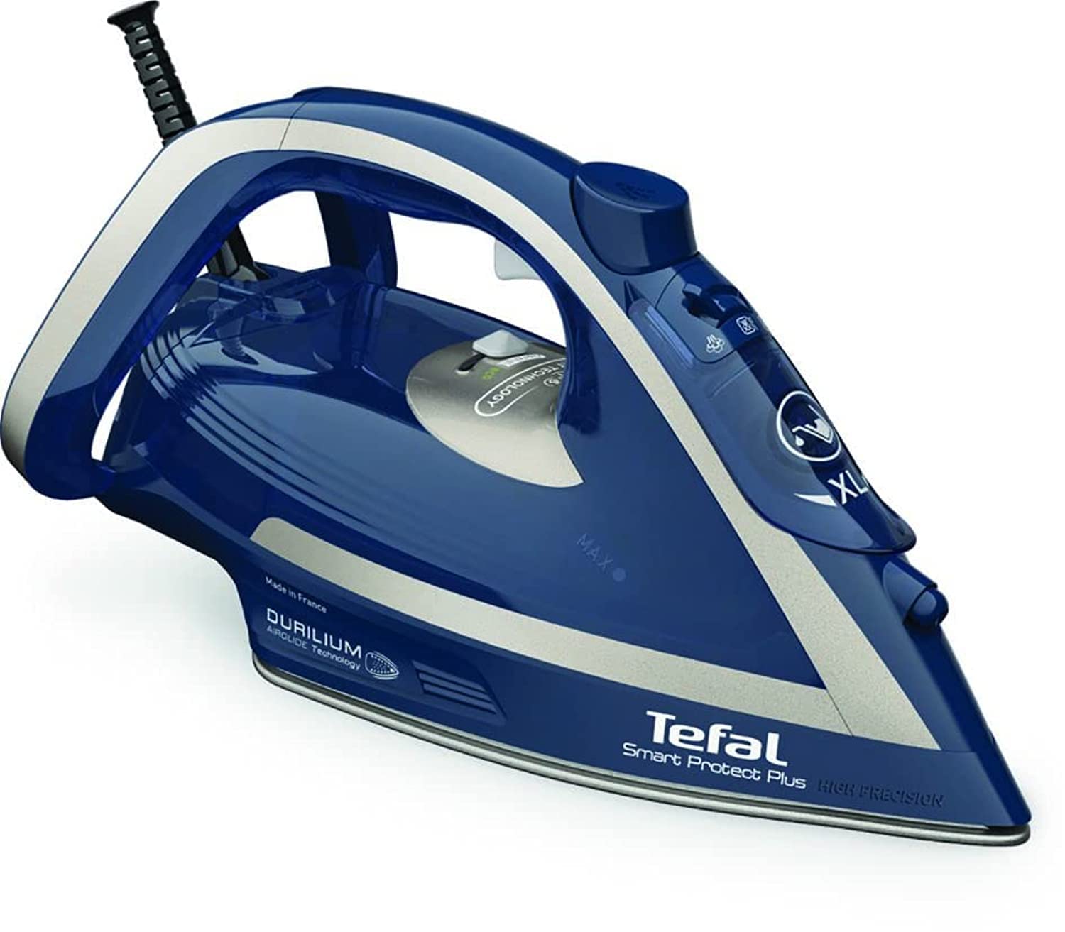 TEFAL Smart Protect+ Steam Iron, 270 ml, 2800 Watts, Durilium Airglide Soleplate Technology, Blue & Silver, FV6872M0, 1 year warranty