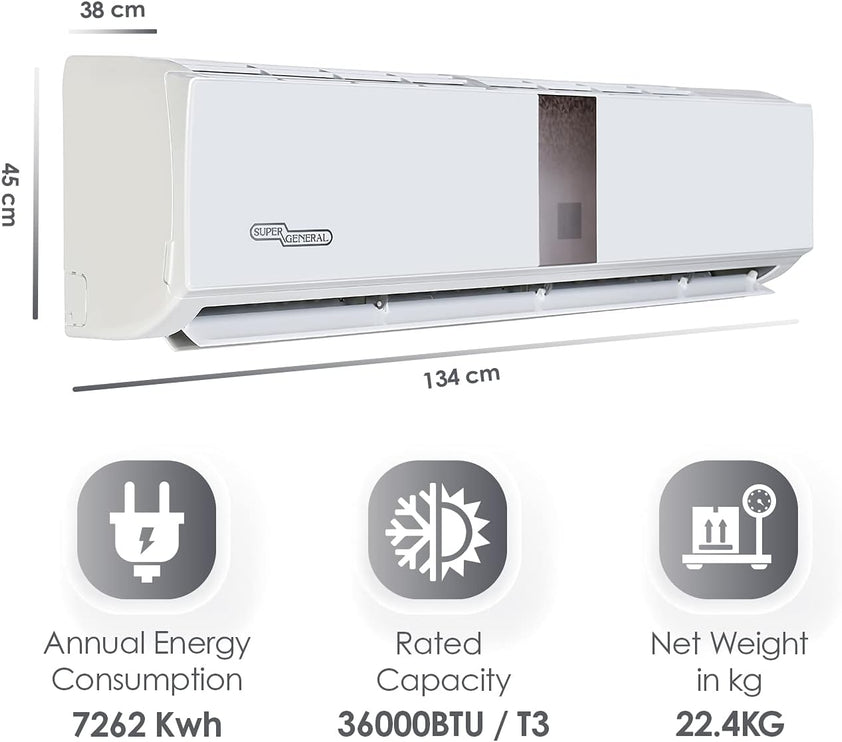 Super General 3 Ton Split Air Conditioner, 36000 BTU, Reciprocating Compressor, Auto Restart, Gold Fin, 4-way swing, SGS-370-CE, White - 134 x 45 x 38 cm, 1 Year Warranty