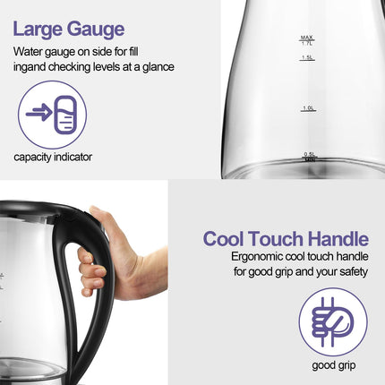 Homey Electric Glass Kettle 1.7L Capacity 1850-2200W Fast Boiling, Boil Dry Protection, Auto shut-off, LED Indicator, 1 year manufacturer warranty