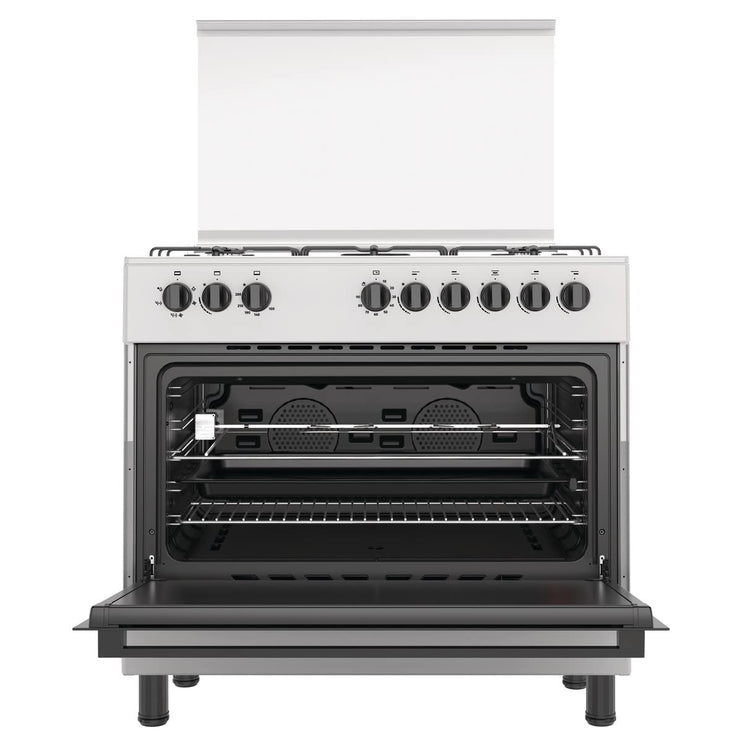 Hisense 90*60  Freestanding Gas Cooker With Dual Fan, 105 Liters Multifunction Oven, Mate enameled Pan Support, One Hand Ignition, Stainless Steel, 1 Year Warranty