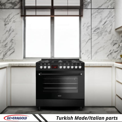 General Gold 6 Burner Gas Cooking Range 90x60 cm, Freestanding Cooker Italian Parts, Gas Oven Grill with Triple Glass Door, Dual Wok Burners, Cast Iron Pan Support, Rotisserie, Heavy Duty Stove