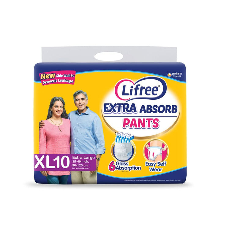 Lifree Extra Absorb Adult Diaper Pants Unisex, X-Large (XL), 10 Pieces, Waist size (90-125 cm | 35-49 Inches)