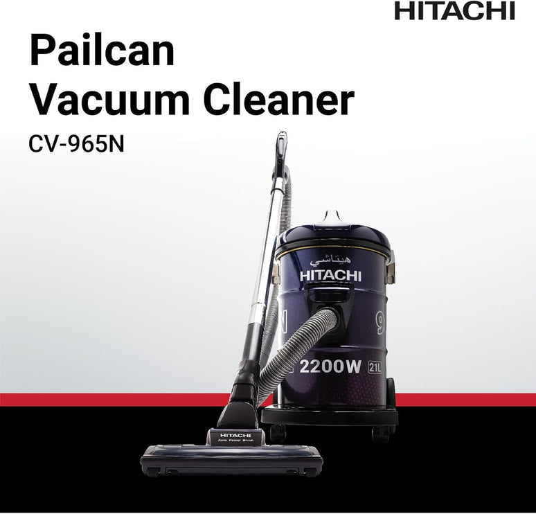 HITACHI Drum Vacuum Cleaner 2200 Watts, 21L Tank Dust Capacity, Aero Power Brush to Clean Efficiently, Metal Pipe, Dusting Brush & Crevice Nozzle, Washable Filter, Best for Home & Office, CV965NBLGCM
