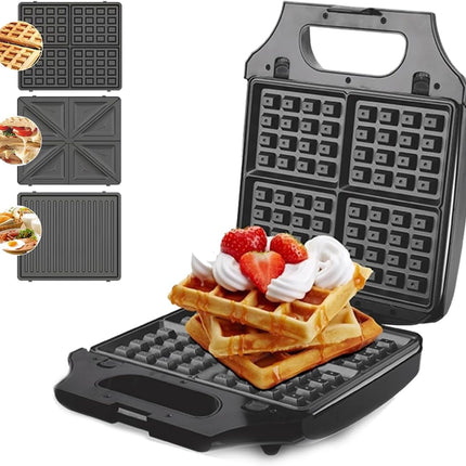 dsp waffle maker machine 3 in 1, 1400W, 25.4x21.5 cm Plate, Removable Plates, Non-Stick Coated Aluminum, Power Indicator Light, Overheat Protection & Safety Lock, KC1236