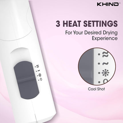 KHIND Compact Hair Dryer 1000W with 2 Heat & 1 Cool Shot Settings, Foldable Handle, Narrow Nozzle, Lightweight & Powerful, Easy to Use, 1.8m Cord for Easy Maneuvering, White – HD1002, 1 Year Warranty