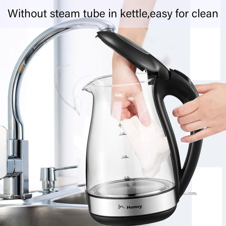Homey Electric Glass Kettle 1.7L Capacity 1850-2200W Fast Boiling, Boil Dry Protection, Auto shut-off, LED Indicator, 1 year manufacturer warranty