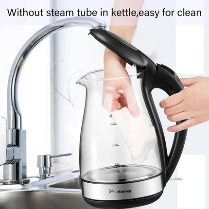Homey Electric Glass Kettle 1.7L Capacity 1850-2200W Fast Boiling, Boil Dry Protection, Auto shut-off, LED Indicator, 1 year manufacturer warranty