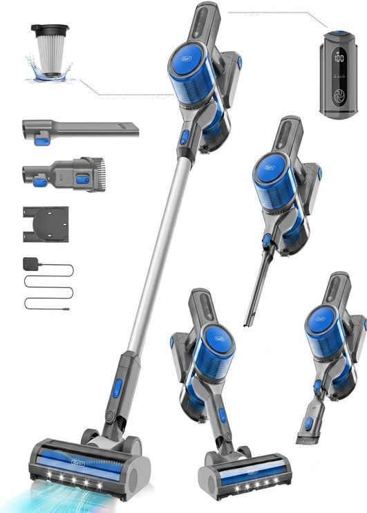 Gevi Brushless Cordless Vacuum for 22Kpa Motor with HEPA 45mins Runtime, Detachable Battery, Lightweight Vacuum for Carpet, Pet Floor 400W / Color Blue/0.6L