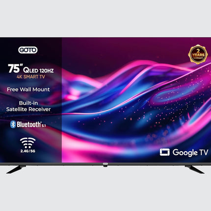 تلفزيون GOTO الذكي 75 بوصة | بدون إطار | دقة 4K UHD | QLED | 120 هرتز | تلفزيون جوجل الرسمي | معالج رباعي النواة | تحكم صوتي | واي فاي 2.4 جيجا/5 جيجا | بلوتوث 5.0 | كروم كاست مدمج | استقبال رقمي DVB-T2 مدمجS2