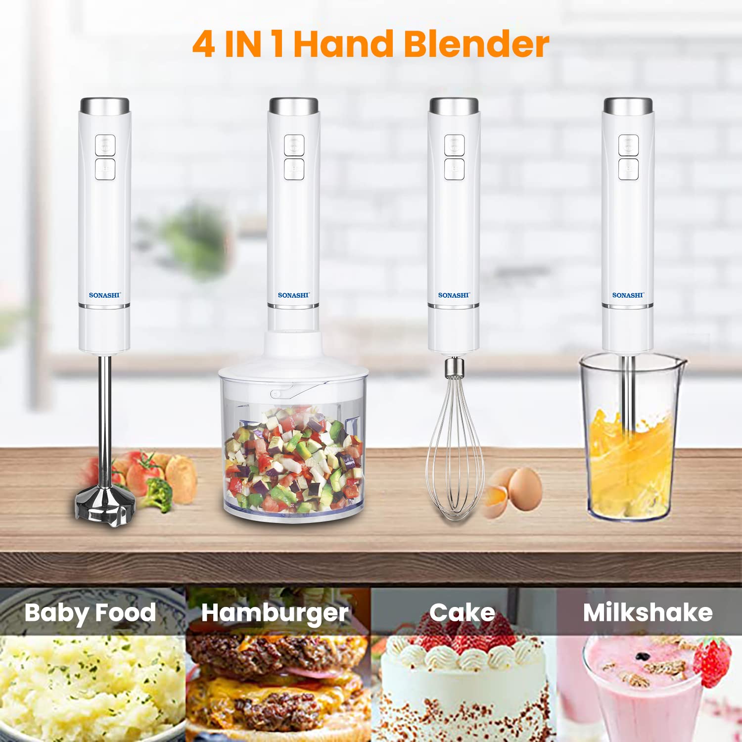 SONASHI SHB-185JCW 4-in-1 Hand Blender Chopper with Calibrated Beaker, Chopper, Whisker [White] Stainless Steel Shaft, 250W, 700ml Plastic Jar, 500ml Chopper, Speed Control, Blending Wand