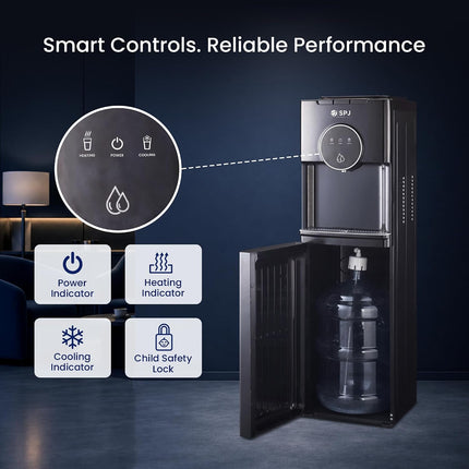 SPJ 18.9L Bottom Loading Water Dispenser, Hot Cold & Normal Water Cooler, Compressor Cooling, Child Safety Lock, Anti-Electric Shock Protection, Antibacterial, Black