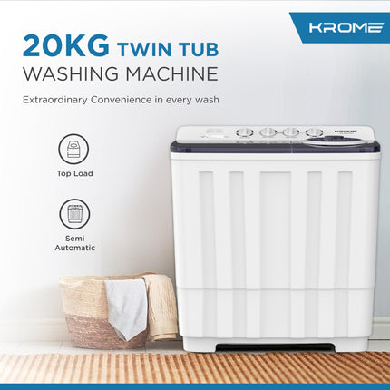 KROME 20KG Twin Tub Semi-Automatic Washing Machine, Mechanical Wash Timer, Intuitive Control, Durable Aluminium Spin Motor, 480W Wash & 200W Spin Input Power, White,KR-WSA200K