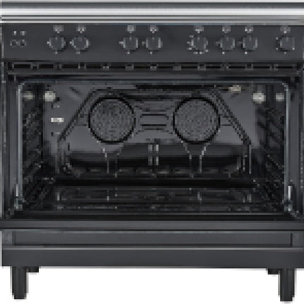 موقد غاز هوفر 90×60 بوصة بخمسة شعلات غاز (واحدة منها مخصصة للووك)، مزود بميزات أمان كاملة، وفرن غاز وشواية، وإشعال تلقائي، ودعامة من الحديد الزهر، ومروحة مزدوجة لتوزيع الحرارة، وباب زجاجي مزدوج، وضمان لمدة عام واحد، لون أسود -HGC-G95G-RB