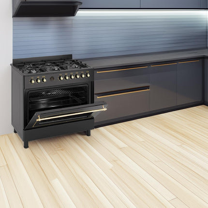 طباخ غاز جنرال جولد قائم بذاته، 90×60 سم، 6 شعلات، مقلاة ووك مزدوجة، إشعال تلقائي، فرن غاز، شواية مع باب زجاجي ثلاثي، أمان كامل من FFD، شواية دوارة، مروحة تبريد، موقد طهي عالي التحمل