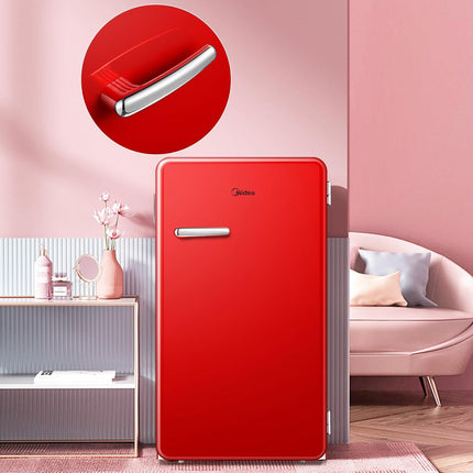 Midea 142L Gross Single Door Retro Style Refrigerator, Compact Size Free Standing, Best for Bedroom, Office & Mini Bar, Freezer Compartment Inside, Quick Cooling & Easy Cleaning, Red - MDRD142SLE32