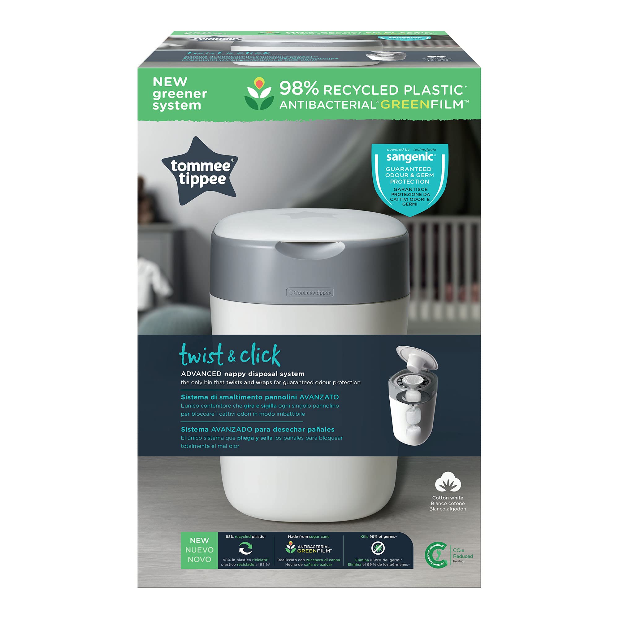 سلة حفاضات Tommee Tippee Twist and Click Advanced، نظام صديق للبيئة، تتضمن 1 × علبة إعادة تعبئة مع GREENFILM مضاد للبكتيريا من مصادر مستدامة، أبيض