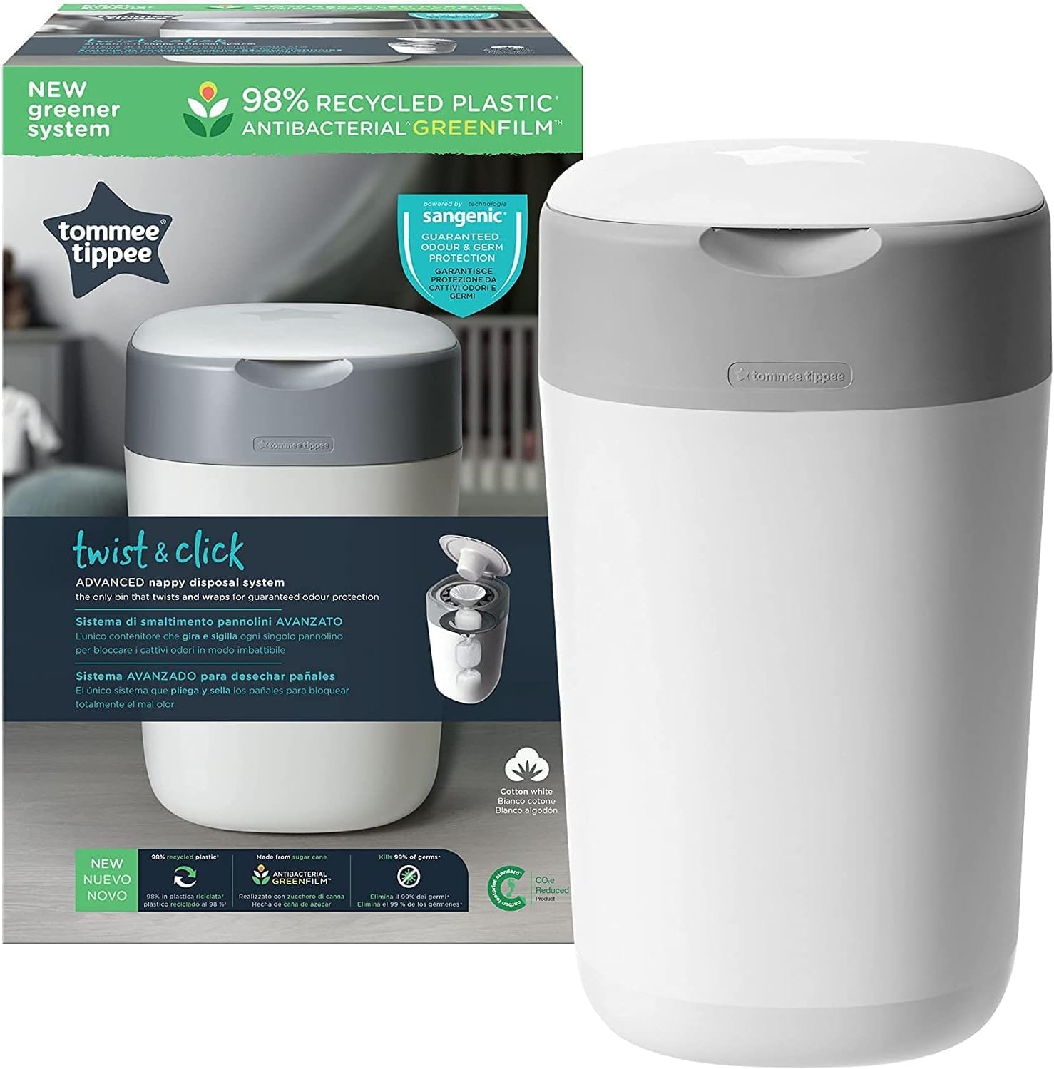 سلة حفاضات Tommee Tippee Twist and Click Advanced، نظام صديق للبيئة، تتضمن 1 × علبة إعادة تعبئة مع GREENFILM مضاد للبكتيريا من مصادر مستدامة، أبيض