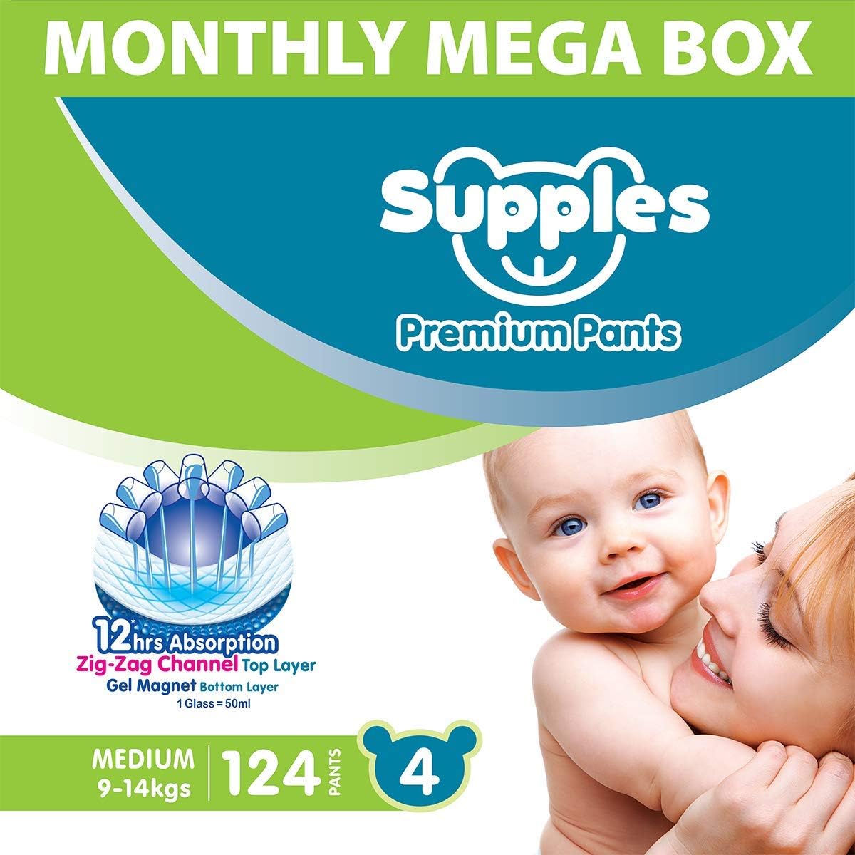 Supples Pant Style Diaper Mega-Box, Size 4, 9-14kgs, 124 Count