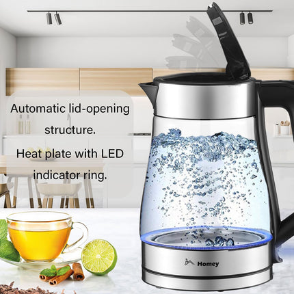 Homey Electric Glass Kettle 1.7L Capacity 1850-2200W Fast Boiling, Boil Dry Protection, Auto shut-off, LED Indicator, 1 year manufacturer warranty